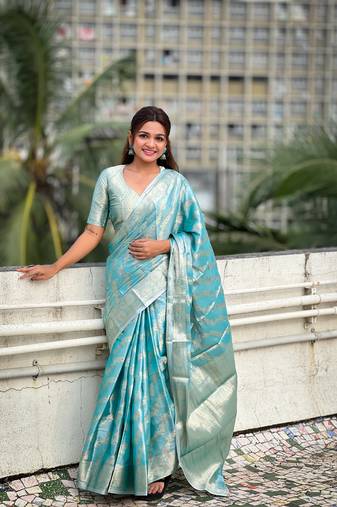 Blue tissue silk saree with weaving jari meenakari designer looks