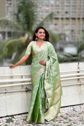 Green tissue silk saree with weaving jari meenakari designer looks