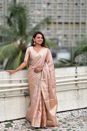 Pink tissue silk saree with weaving jari meenakari designer looks