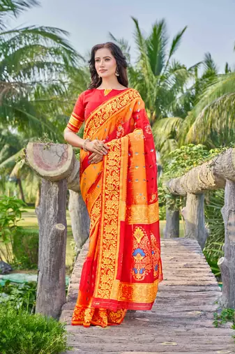 Red silk cotton wevon thread designer ethnic casual looks saree
