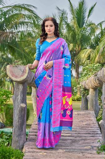 Blue silk cotton wevon thread designer ethnic casual looks saree