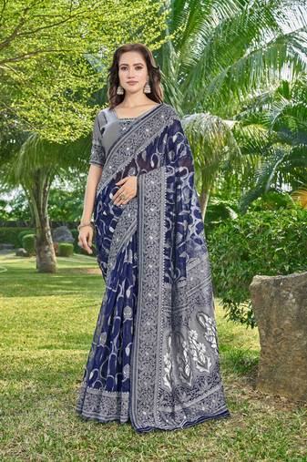 Blue silk cotton wevon thread designer ethnic casual looks saree