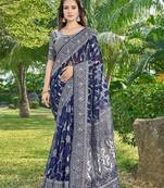 Blue silk cotton wevon thread designer ethnic casual looks saree