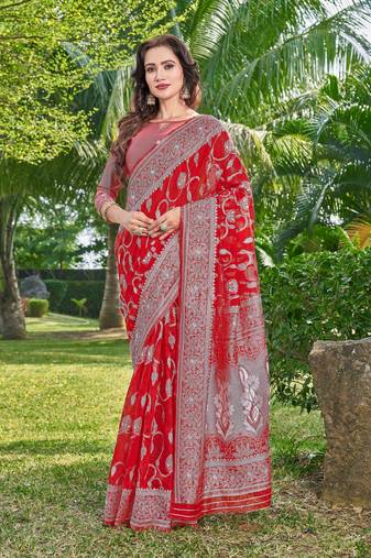Red silk cotton wevon thread designer ethnic casual looks saree