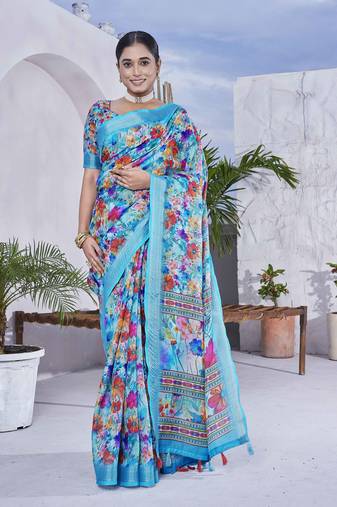 Blue linen blend digital printed designer for graceful festive looks