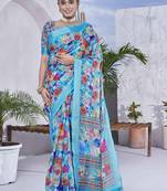 Blue linen blend digital printed designer for graceful festive looks