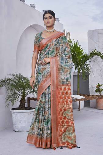 Green linen blend digital printed designer for graceful festive looks