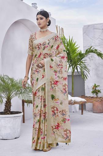 Beige linen blend digital printed designer for graceful festive looks