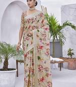Beige linen blend digital printed designer for graceful festive looks