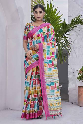 Pink linen blend digital printed designer for graceful festive looks