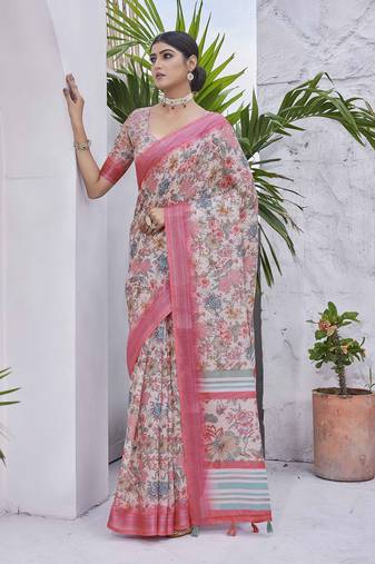 Off white linen blend digital printed designer for graceful festive looks