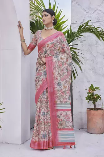 Off white linen blend digital printed designer for graceful festive looks