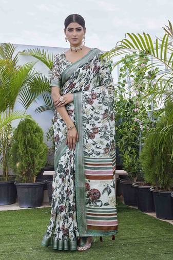 Off white linen blend digital printed designer for graceful festive looks