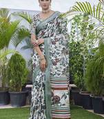 Off white linen blend digital printed designer for graceful festive looks