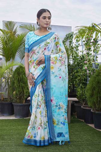 Blue linen blend digital printed designer for graceful festive looks