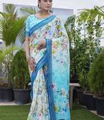 Blue linen blend digital printed designer for graceful festive looks