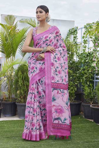 Pink linen blend digital printed designer for graceful festive looks