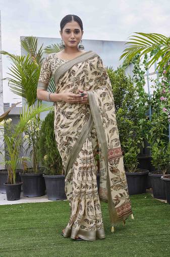 Cream linen blend digital printed designer for graceful festive looks