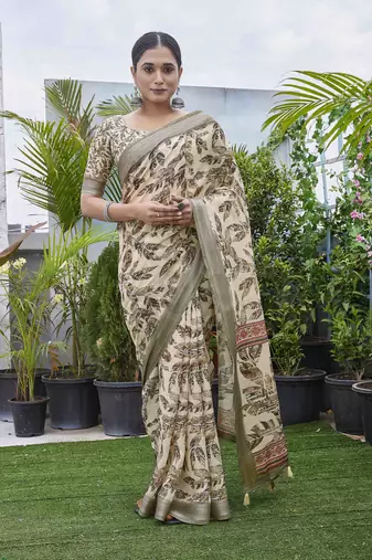 Cream linen blend digital printed designer for graceful festive looks