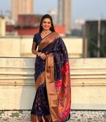 Navy blue soft silk c graceful wevon nath meenakari designer saree