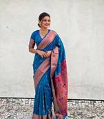 Sky blue soft silk c graceful wevon nath meenakari designer saree