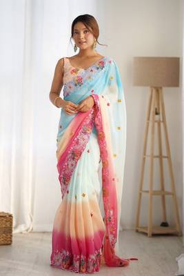 Sky blue georgette c bollywood style pedding with embroidery work saree 1