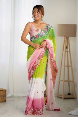 Green georgette c style pedding with embroidery work saree 1
