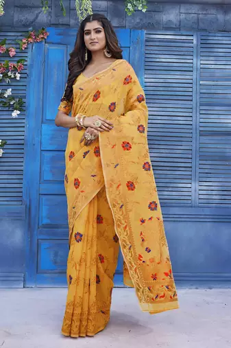 Mustard glamorous wevon jacquard designer silk blend wedding season saree