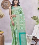 Pista glamorous wevon jacquard designer silk blend wedding season saree