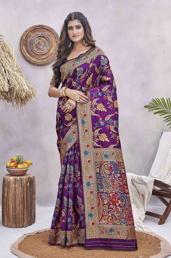 Purple glamorous wevon jacquard designer silk blend wedding season saree