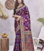 Purple glamorous wevon jacquard designer silk blend wedding season saree