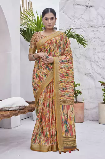 Mustard fashinove looks smart printed linen blend saree