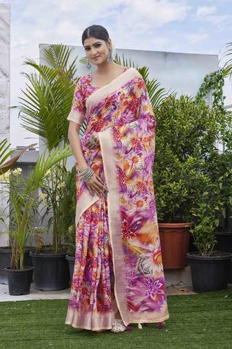 Purple fashinove looks smart printed linen blend saree