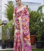 Purple fashinove looks smart printed linen blend saree