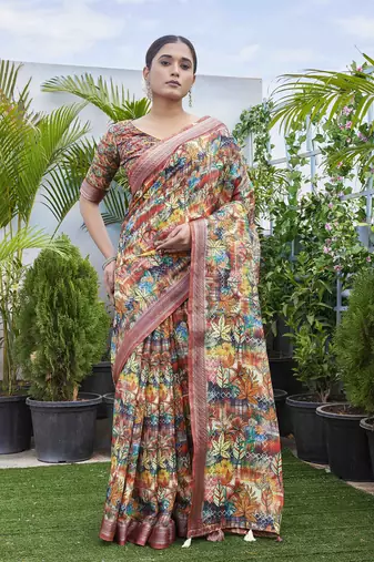 Multy fashinove looks smart printed linen blend saree