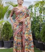 Multy fashinove looks smart printed linen blend saree