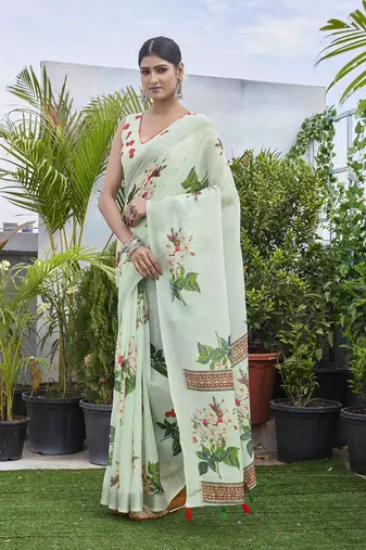 Pista fashinove looks smart printed linen blend saree