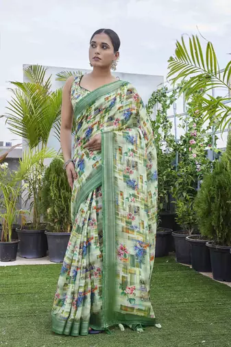 Pista fashinove looks smart printed linen blend saree