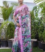 Pink fashinove looks smart printed linen blend saree
