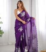 Purple color bollywood style designer sequance embroidery work jimmy choo saree