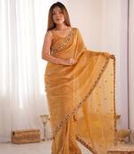 Mustard pixel silk thread and sequins embroidery work partywear girlie saree