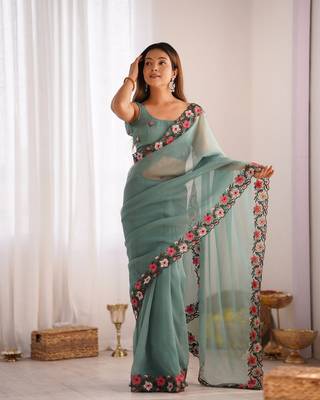 Green gold crush c multy thread embroidery work saree party looks 1