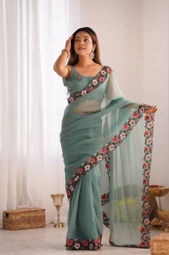 Green gold crush c multy thread embroidery work saree for party looks