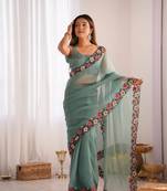 Green gold crush c multy thread embroidery work saree for party looks