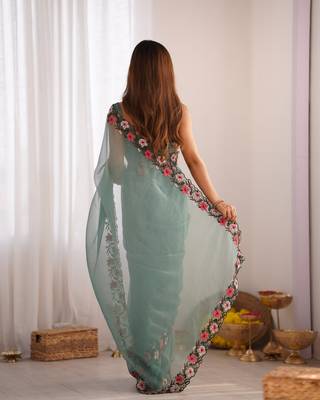Green gold crush c multy thread embroidery work saree party looks 3