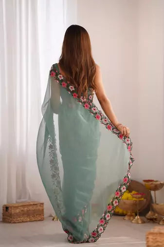 Green gold crush c multy thread embroidery work saree party looks