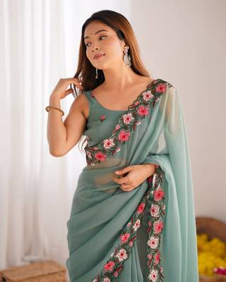 Green gold crush c multy thread embroidery work saree party looks 4