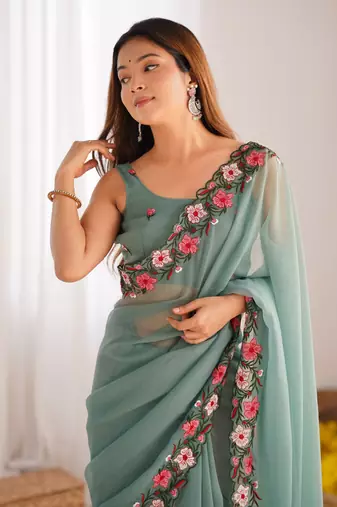 Green gold crush c multy thread embroidery work saree party looks