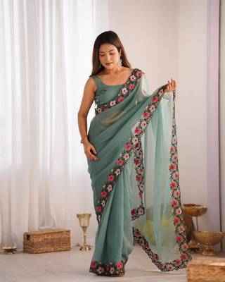 Green gold crush c multy thread embroidery work saree party looks 5