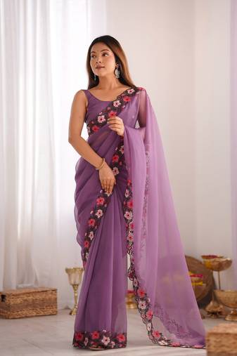 Lavender gold crush c multy thread embroidery work saree for party looks